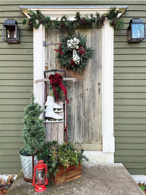 ice skates christmas decor on front door